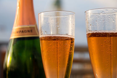 Close-up of champagne glass bottle