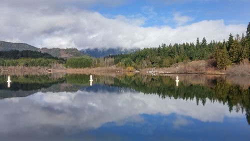 Scenic view of lake and mountains against sky