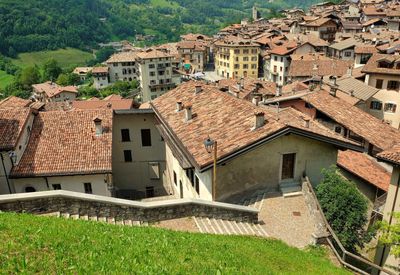 High angle view of old buildings in town