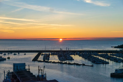High angle view of harbor during sunset