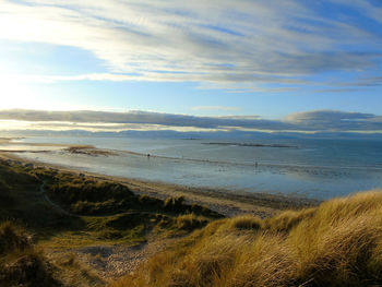 Scenic view of lossiemouth beach and sea against sky