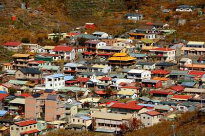 High angle view of buildings in city