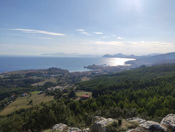 Scenic view of sea and mountains against sky