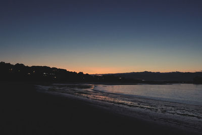 Scenic view of beach against clear sky during sunset