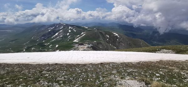 Scenic view of snowcapped mountains against sky