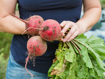 Midsection of woman holding fruit