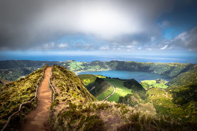 Scenic view of sea and mountains against sky