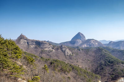 Scenic view of mountains against clear blue sky