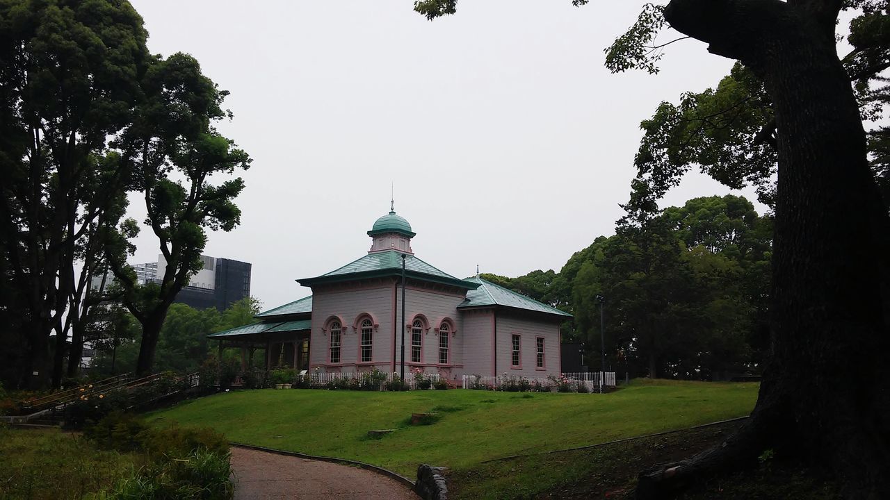 grass, building exterior, built structure, architecture, tree, clear sky, green color, lawn, religion, grassy, place of worship, field, church, growth, spirituality, day, plant, nature, outdoors