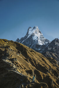 Scenic view of snowcapped mountains against clear sky