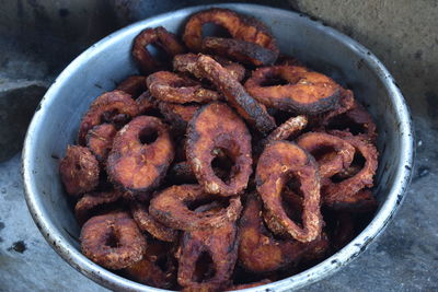 High angle view of meat in container