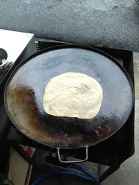 High angle view of meat in cooking pan