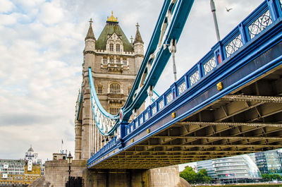 Low angle view of bridge against cloudy sky