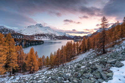 Scenic view of lake against sky during winter