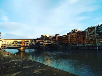 Bridge over river in city against cloudy sky