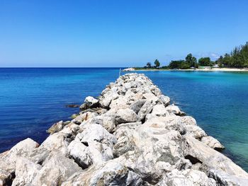 Scenic view of sea against clear blue sky