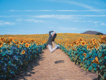 Rear view of person on field against sky