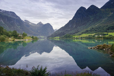 Scenic view of lake and mountains against sky