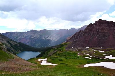 Scenic view of lake and mountains against sky