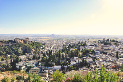 High angle shot of townscape against clear sky