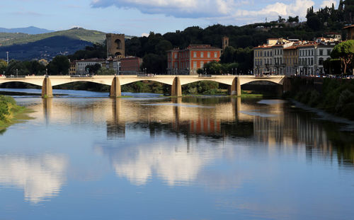 Bridge over river by buildings against sky