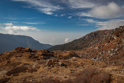 Himalayan breathtaking landscape with bright blue sky