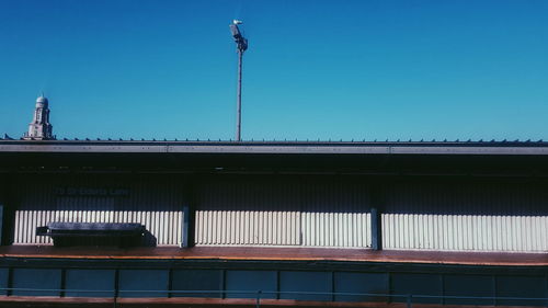 Exterior of railroad station building against clear blue sky