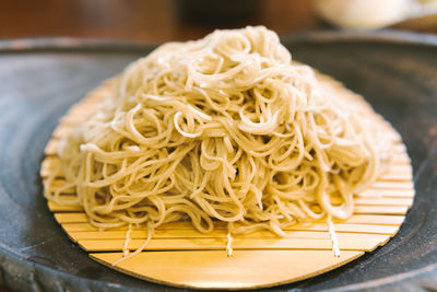 High angle view of noodles in plate on table