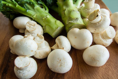 High angle view of chopped mushrooms on table