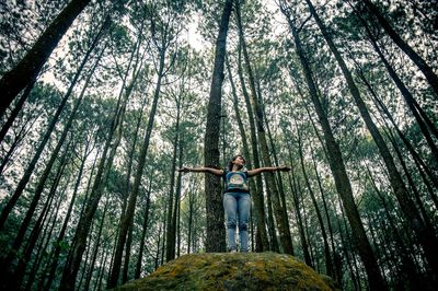 Full length of man standing on tree trunk in forest