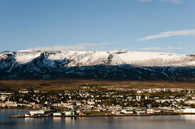 Scenic view of snowcapped mountains against sky during winter