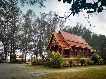 House by trees and building against sky