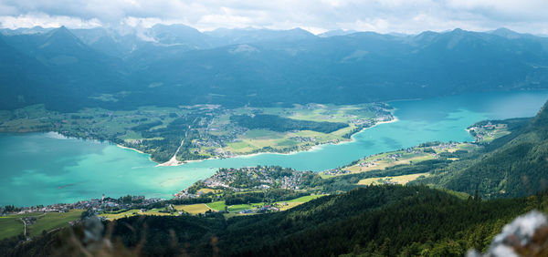Panoramic view of lake wolfgangsee and village st. wolfgang in austria