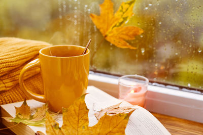 Cup of tea, books, autumn leaves and candle on window sill at home