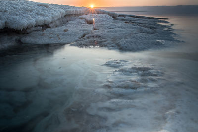 Sunset at the lowest point in the earth in the dead sea , where located in south of jordan