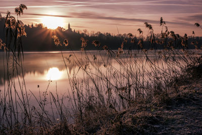 Scenic view of lake against sky during sunset