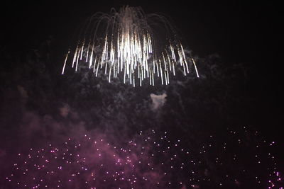 Low angle view of fireworks against sky at night