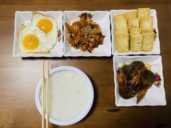 High angle view of breakfast served on table