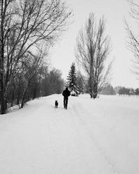 Rear view of people walking on snow covered field