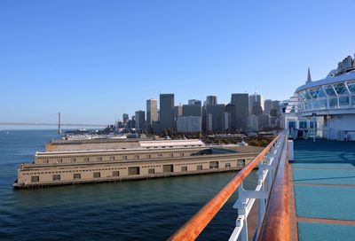 View of city at waterfront against clear sky