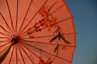 Low angle view of parasol against clear sky