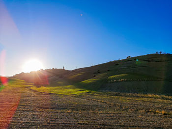 Scenic view of field against bright sun