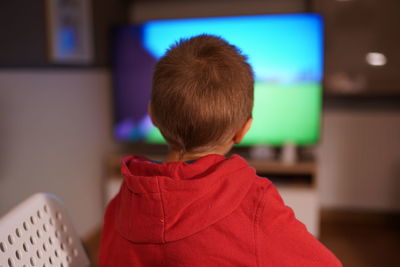 Rear view of boy sitting at home