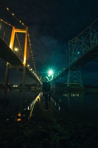 Rear view of person holding illuminated flashlight while standing by river against sky at night