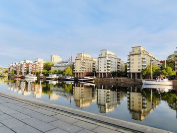 Reflection of buildings in river against sky