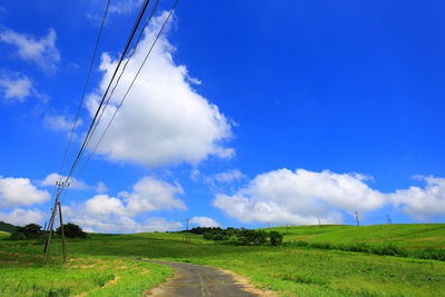 Low angle view of electricity pylon on grassy field against cloudy blue sky