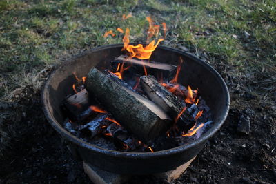 High angle view of bonfire on field