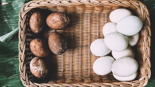 High angle view of eggs in basket on table