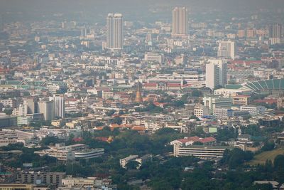 High angle view of modern buildings in city