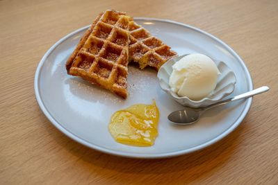 High angle view of breakfast served on table